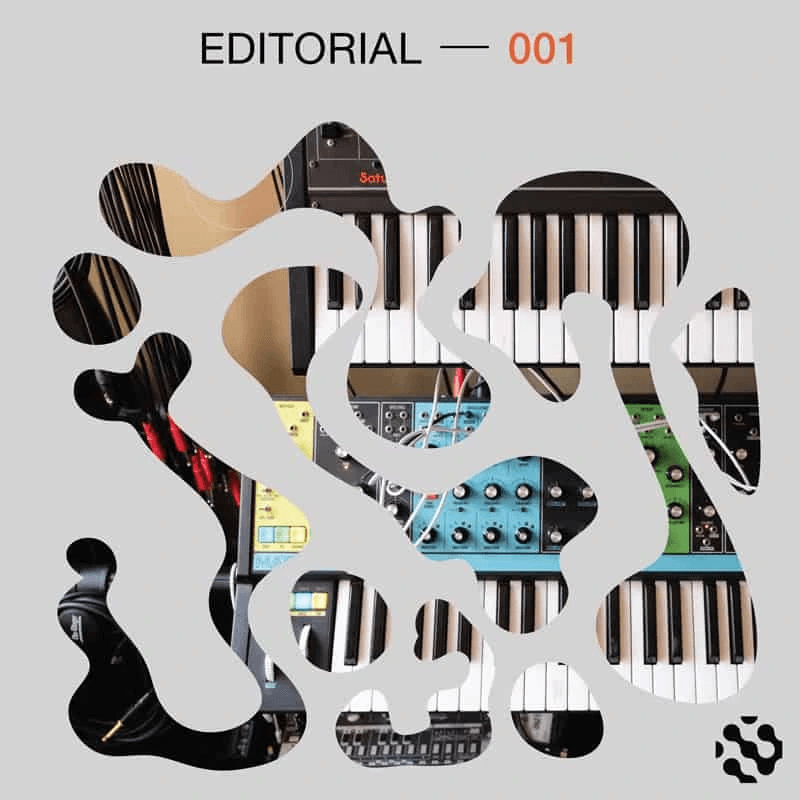 Abstract collage cutout revealing a synthesizer and keyboard setup underneath