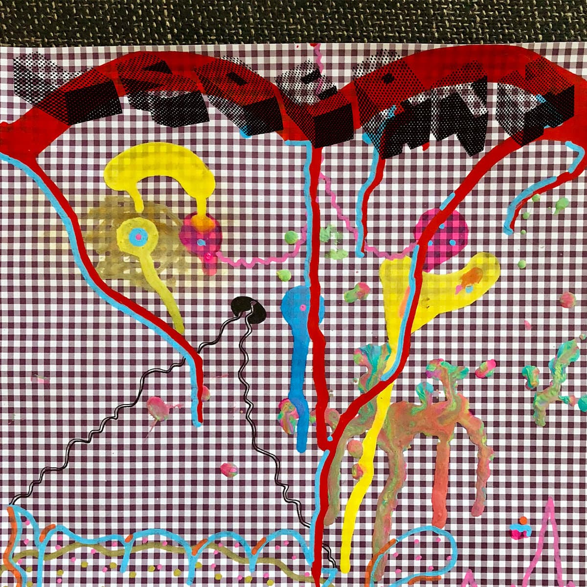 Abstract mixed-media artwork with paint drips over gingham fabric, cover art for 'LSDeath'