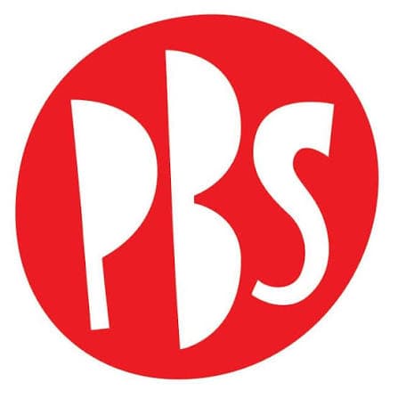PBS radio station logo, a red circle with white lettering