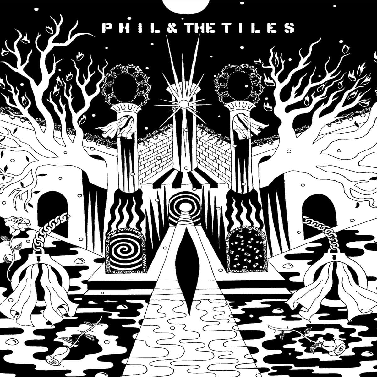 Black and white illustrated album cover for 'Phil & The Tiles' featuring a surreal gate and moon design